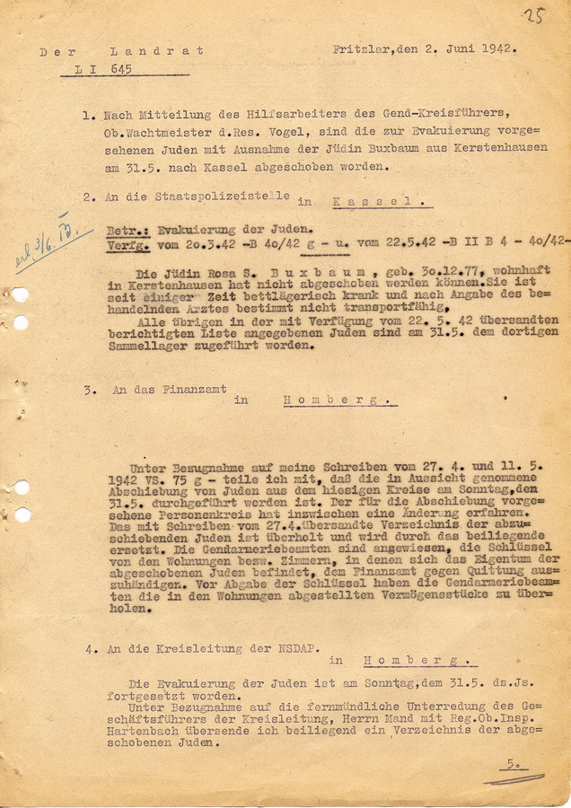 Schreiben des Landrats in Fritzlar an das Finanzamt in Homberg. Die Schlüssel der Wohnungen der Deportierten sollen dem Finanzamt ausgehändigt werden, 2. Juni 1942