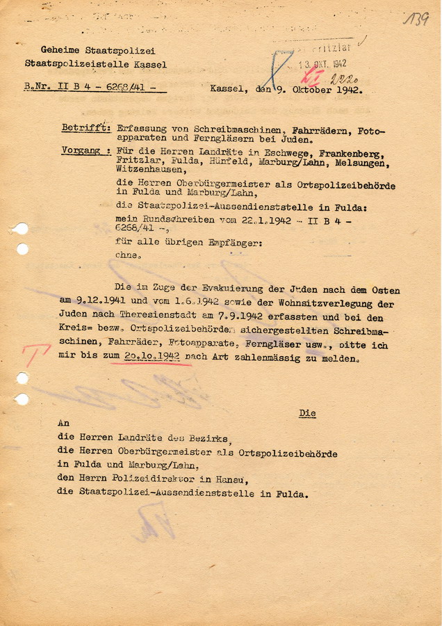 Schreiben der GeStaPo Kassel an die Landräte, Bürgermeister und Polizei. Schreibmaschinen, Fahrräder, Fotoapparate und Ferngläser sollen sichergestellt und erfasst werden, 9. Oktober 1942