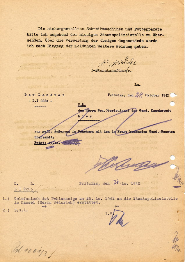 Schreiben der GeStaPo Kassel an die Landräte, Bürgermeister und Polizei. Schreibmaschinen, Fahrräder, Fotoapparate und Ferngläser sollen sichergestellt und erfasst werden, 9. Oktober 1942