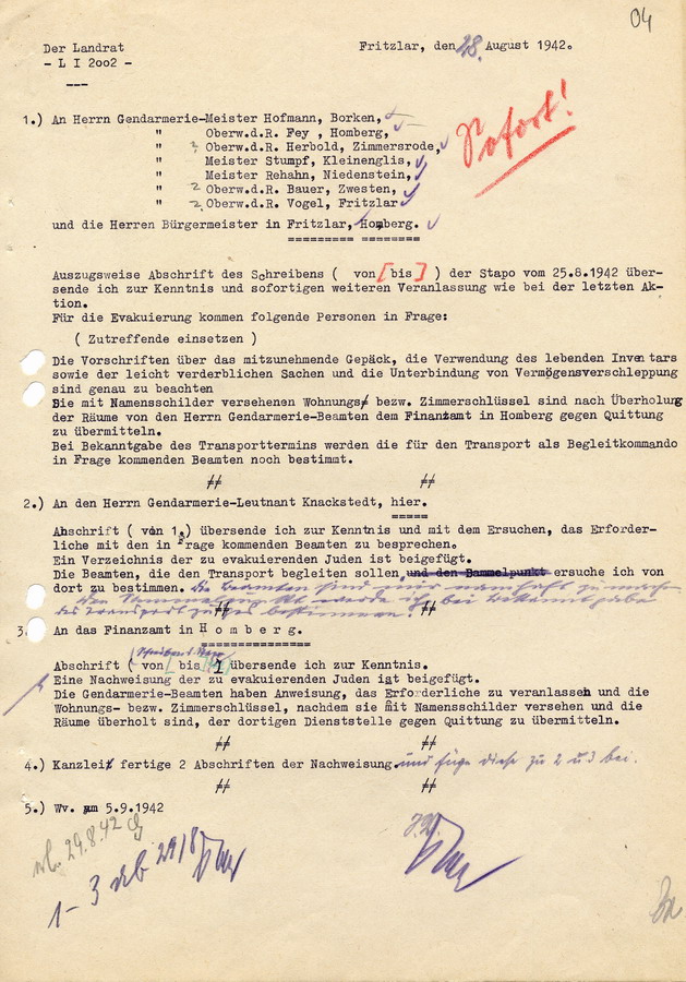 Schreiben des Landrats in Fritzlar an den Bürgermeister in Fritzlar, Homberg und diverse Polizeistellen. Informationen über den Ablauf der geplanten Deportationen, 28. August 1942
