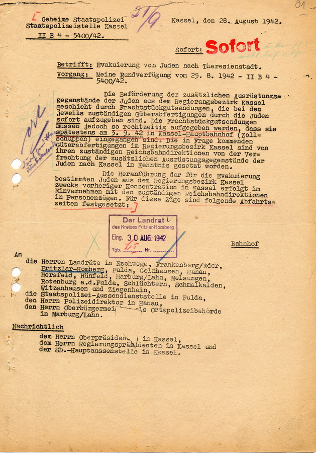 Schreiben der GeStaPo Kassel an Landräte, Bürgermeister und Polizei. Details zu Planung und Ausführung der Deportation vom 6. September 1942 nach Theresienstadt, 28. August 1942