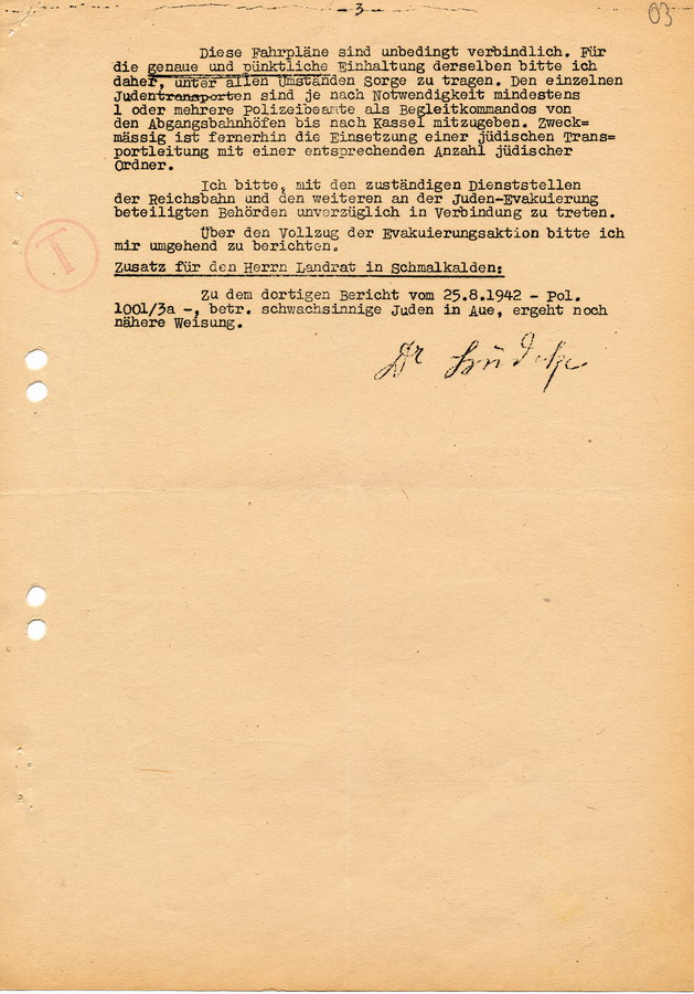 Schreiben der GeStaPo Kassel an Landräte, Bürgermeister und Polizei. Details zu Planung und Ausführung der Deportation vom 6. September 1942 nach Theresienstadt, 28. August 1942