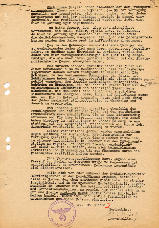 Schreiben der GeStaPo in Kassel an Landräte, Bürgermeister und  Polizei. Detaillierte Informationen zu den Vorbereitungen und Personenlisten, 25. August 1942