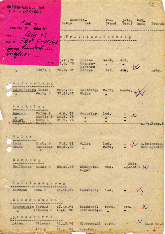 Schreiben der GeStaPo in Kassel an Landräte, Bürgermeister und  Polizei. Detaillierte Informationen zu den Vorbereitungen und Personenlisten, 25. August 1942