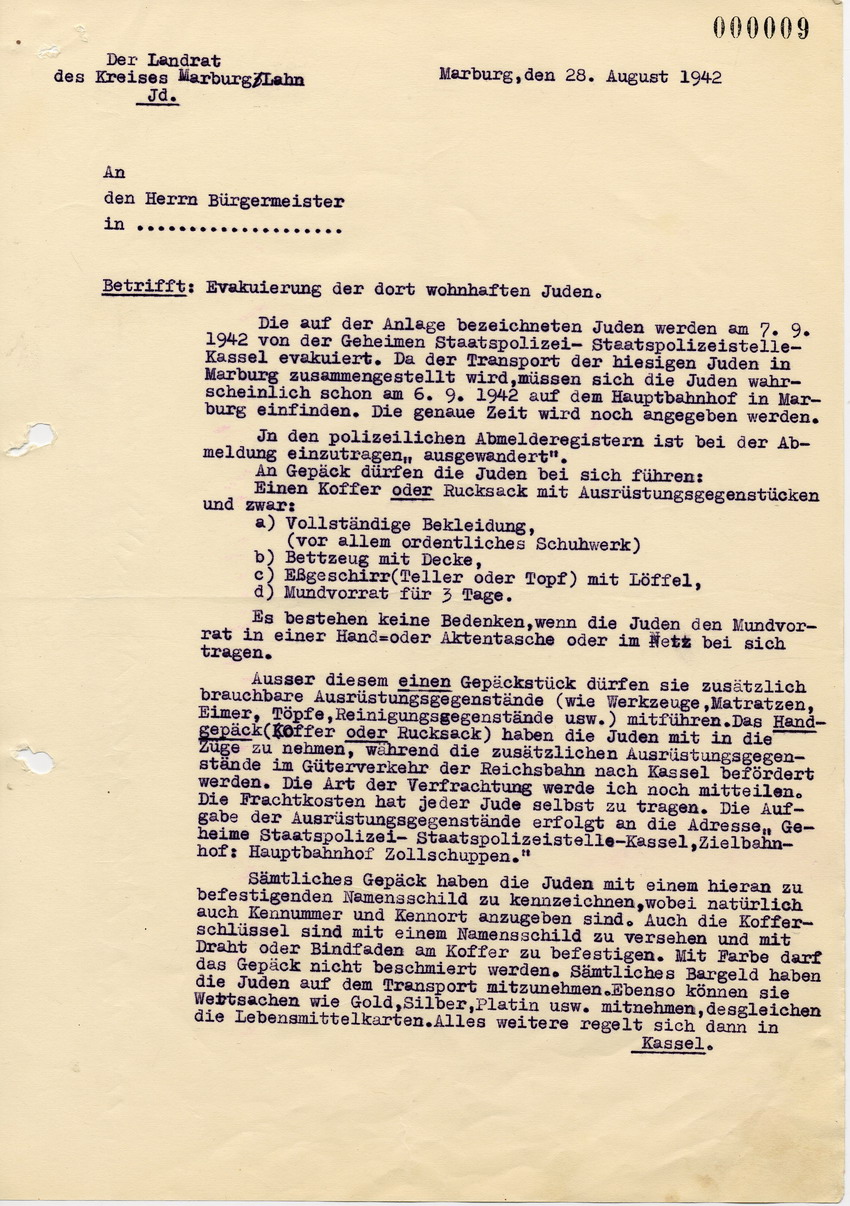 Verfügung des Landrats des Kreises Marburg an die Bürgermeister betreffend Vorbereitung der bevorstehenden Deportation, 28. August 1942.