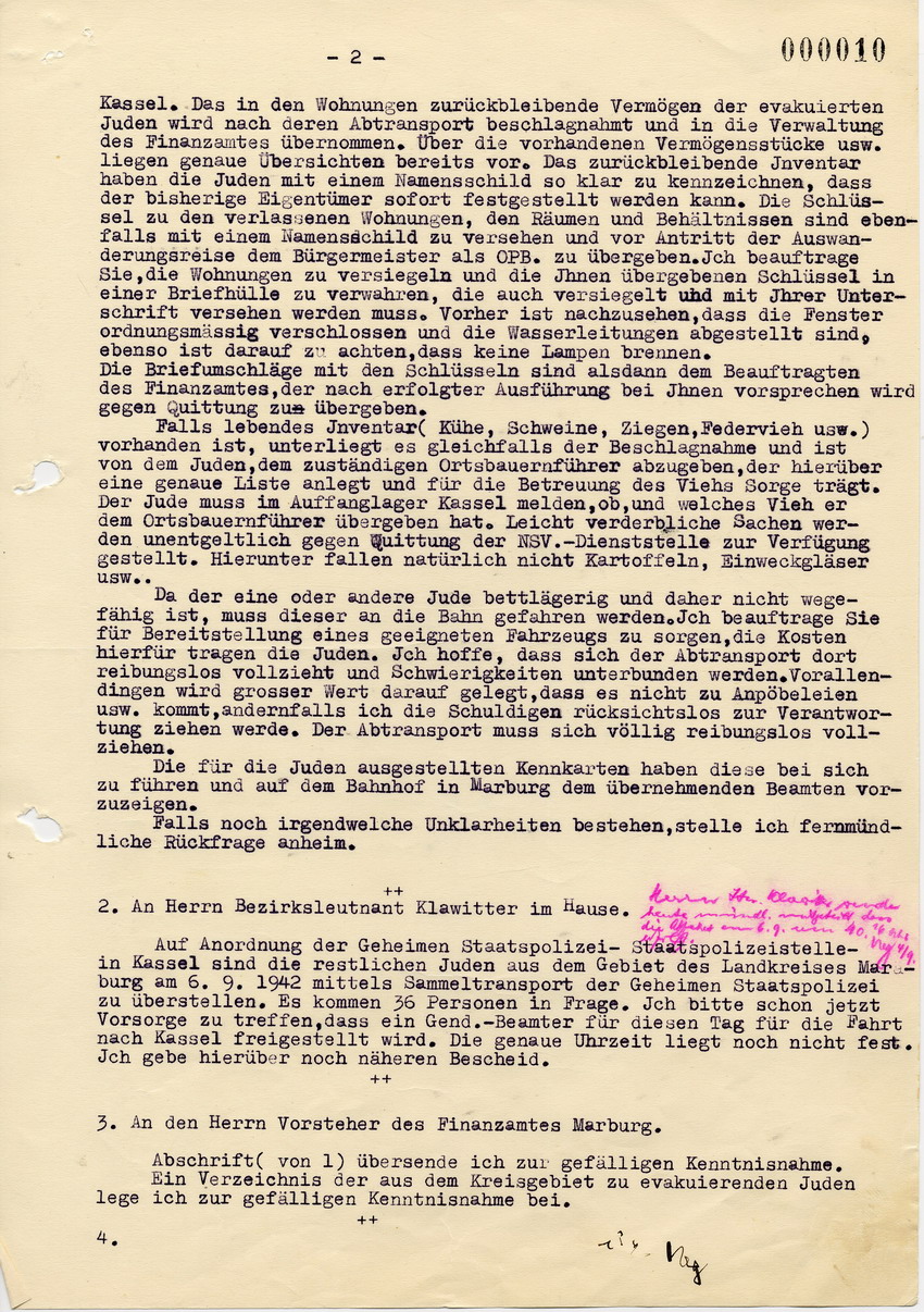 Verfügung des Landrats des Kreises Marburg an die Bürgermeister betreffend Vorbereitung der bevorstehenden Deportation, 28. August 1942.
