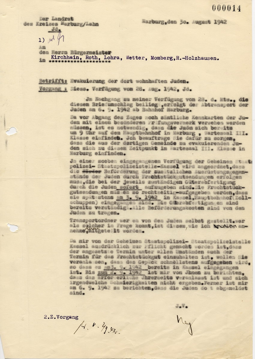 Verfügung des Landrats des Kreises Marburg an die Bürgermeister in Kirchhain, Roth, Lohra, Wetter, Momberg und Rauischholzhausen betreffend Ergänzungen zur Verfügung vom 28. August 1942, 30. August 1942.