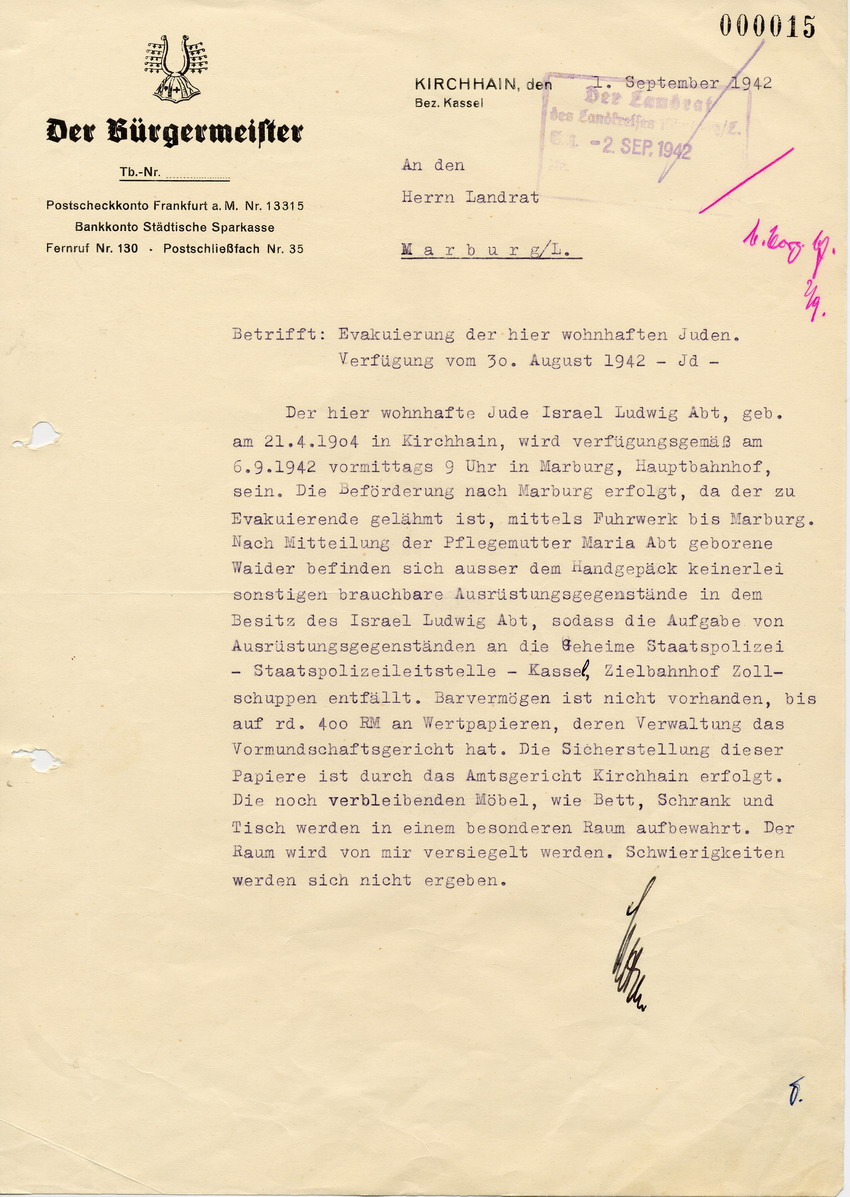 Antwortschreiben des Bürgermeisters von Kirchhain an den Landrat in Marburg betreffend Deportation von Ludwig Abt, 1. September 1942.