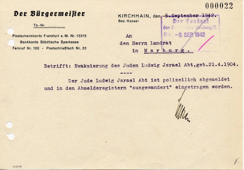 Antwortschreiben des Bürgermeisters von Kirchhain an den Landrat in Marburg betreffend "Abmeldung" von Ludwig Abt, 5. September 1942.