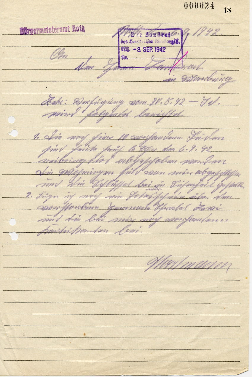 Antwortschreiben des Bürgermeisters in Roth an den Landrat in Marburg betreffend erfolgte Deportation, 6. September 1942.