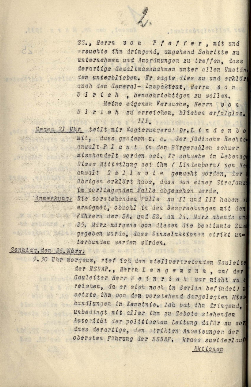 Vermerk des Polizeipräsidenten Kassel, von Kottwitz, über die Misshandlungen von jüdischen Rechtsanwälten, Kaufleuten usw. am 24. und 25. März 1933, 28. Marz 1933