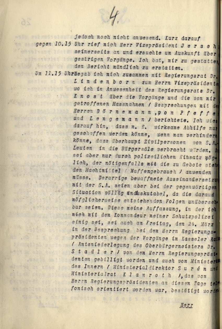 Vermerk des Polizeipräsidenten Kassel, von Kottwitz, über die Misshandlungen von jüdischen Rechtsanwälten, Kaufleuten usw. am 24. und 25. März 1933, 28. Marz 1933