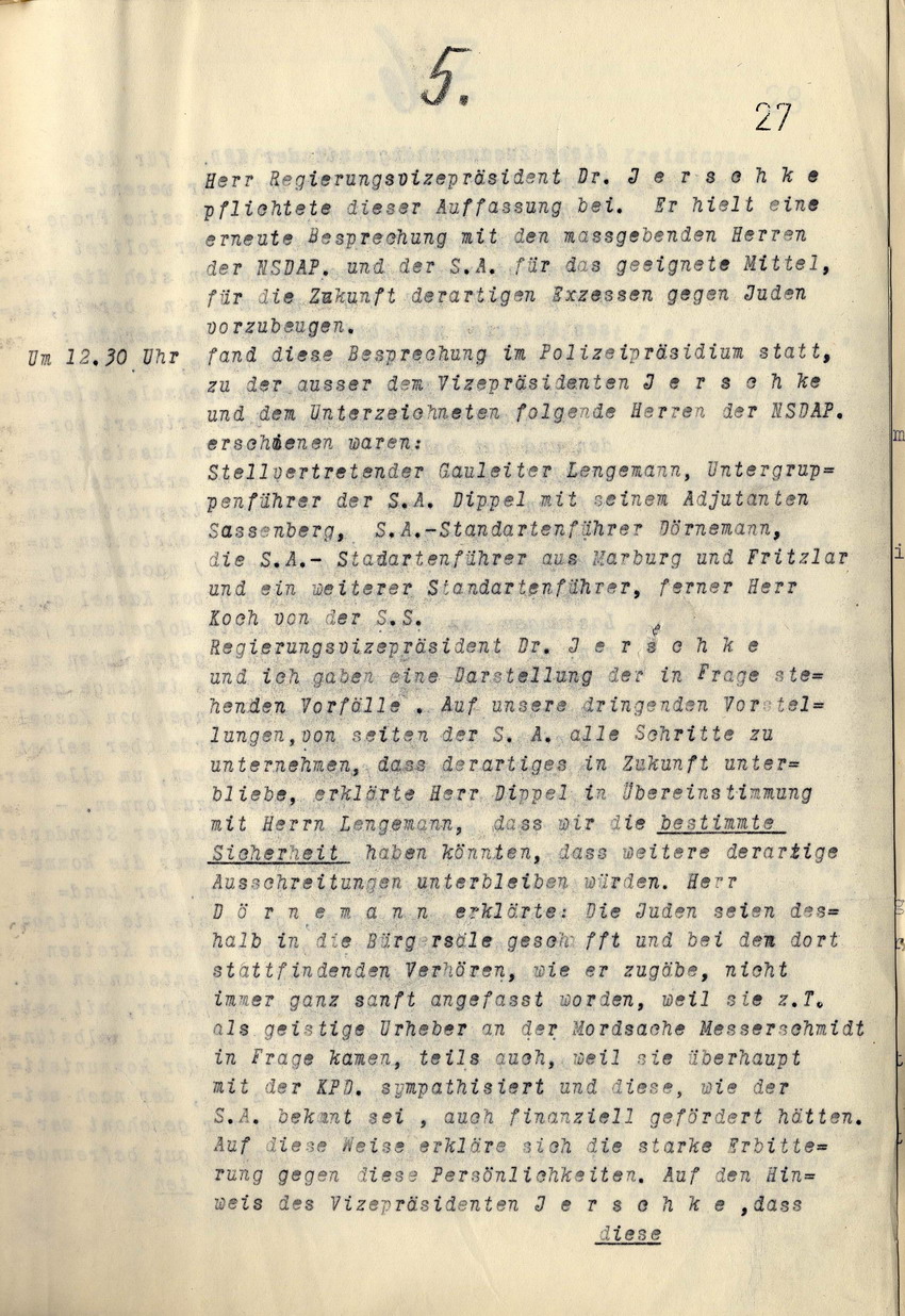 Vermerk des Polizeipräsidenten Kassel, von Kottwitz, über die Misshandlungen von jüdischen Rechtsanwälten, Kaufleuten usw. am 24. und 25. März 1933, 28. Marz 1933