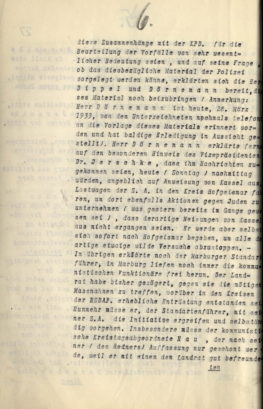 Vermerk des Polizeipräsidenten Kassel, von Kottwitz, über die Misshandlungen von jüdischen Rechtsanwälten, Kaufleuten usw. am 24. und 25. März 1933, 28. Marz 1933