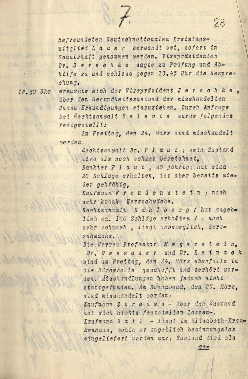 Vermerk des Polizeipräsidenten Kassel, von Kottwitz, über die Misshandlungen von jüdischen Rechtsanwälten, Kaufleuten usw. am 24. und 25. März 1933, 28. Marz 1933