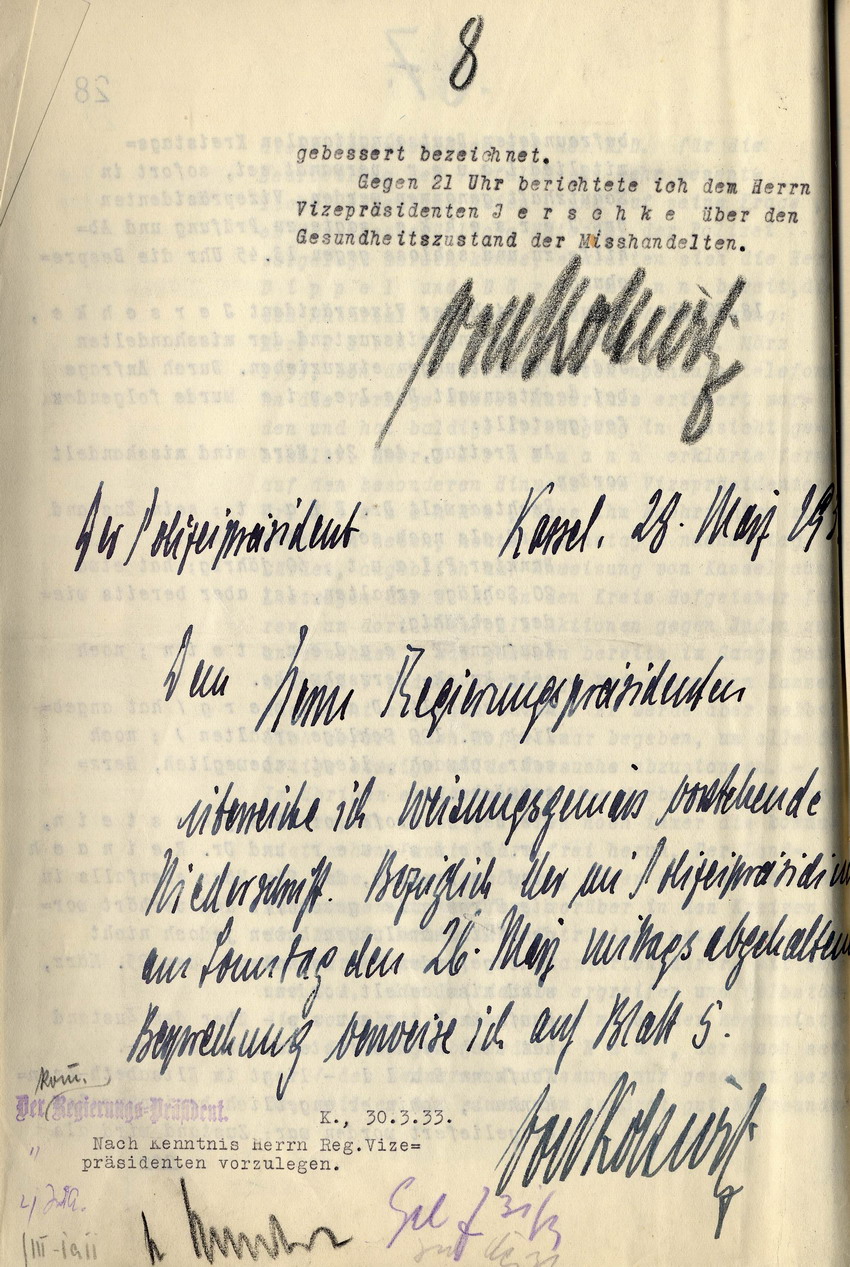 Vermerk des Polizeipräsidenten Kassel, von Kottwitz, über die Misshandlungen von jüdischen Rechtsanwälten, Kaufleuten usw. am 24. und 25. März 1933, 28. Marz 1933