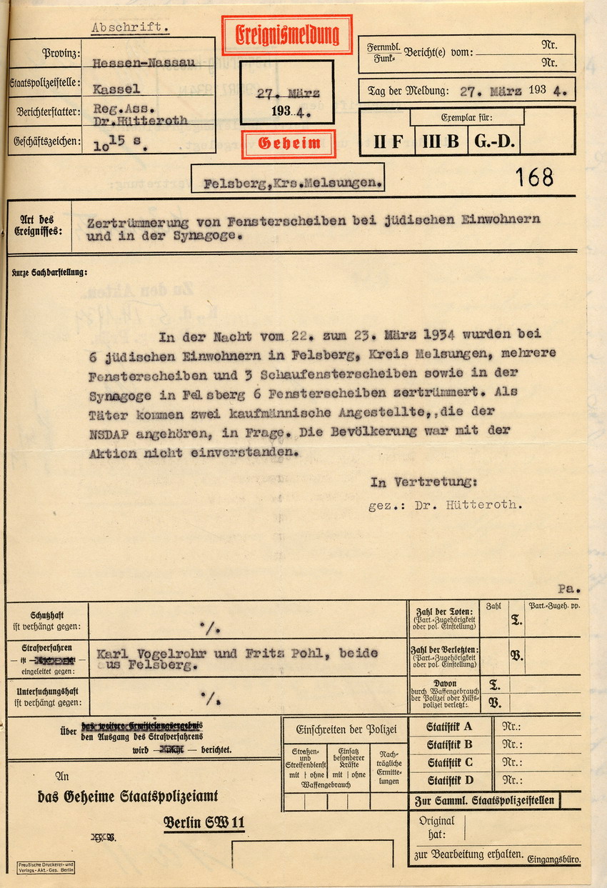 Ereignismeldung des Regierungsassessors über die Zertrümmerung von Fensterscheiben bei jüdischen Einwohnern und der Synagoge in Felsberg, Kassel, den 27. März 1934.