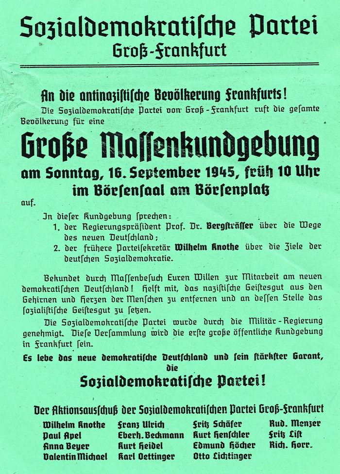 Flugzettel "Große Massenkundgebung der SPD" in Frankfurt am 16. September 1945, mit Teilnehmerkarte