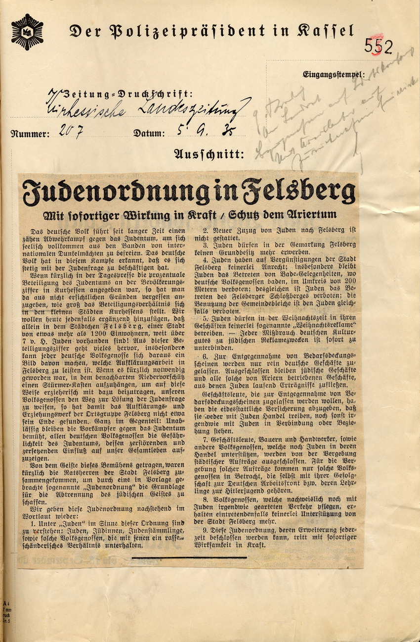 Zeitungsartikel in der Kurhessischen Landeszeitung "Judenordnung in Felsberg. Mit sofortiger Wirkung in Kraft/ Schutz dem Ariertum", Kassel, den 5. September 1935.