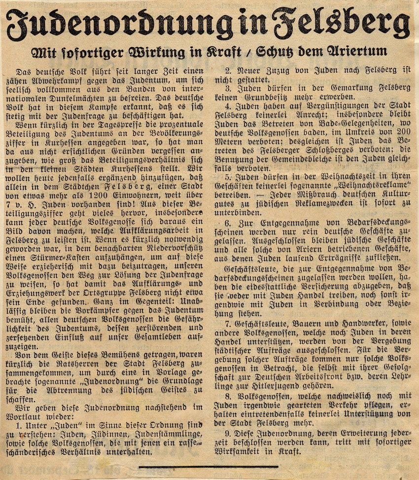 Zeitungsartikel in der Kurhessischen Landeszeitung "Judenordnung in Felsberg. Mit sofortiger Wirkung in Kraft/ Schutz dem Ariertum", Kassel, den 5. September 1935.