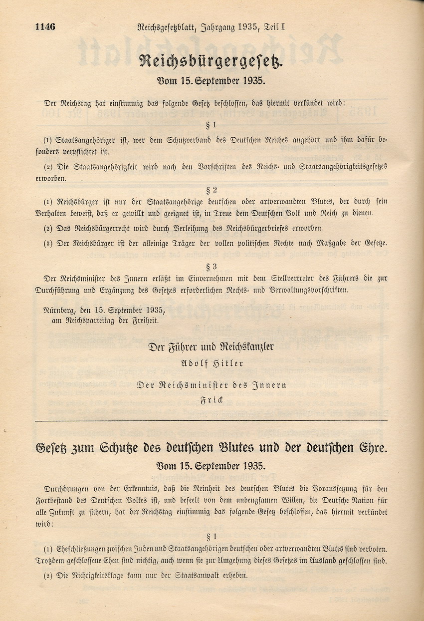 Gesetz "zum Schutze des deutschen Blutes und der deutschen Ehre", 15. September 1935.