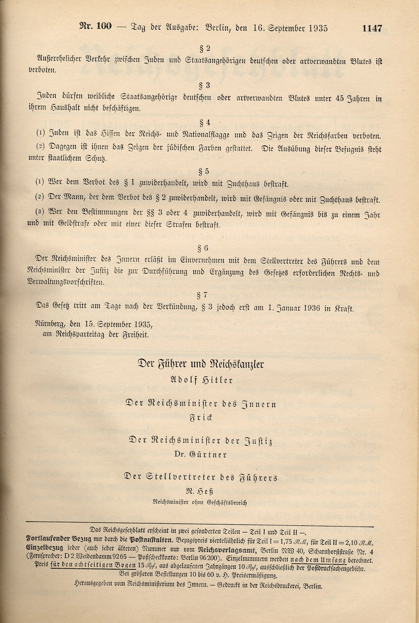 Gesetz "zum Schutze des deutschen Blutes und der deutschen Ehre", 15. September 1935.
