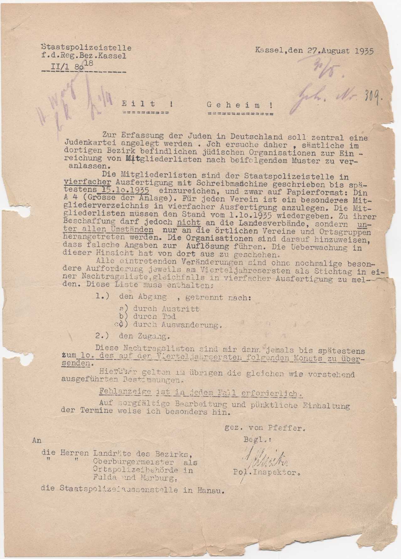 Schreiben der Kasseler Staatspolizei, bezüglich der Erstellung einer zentralen Judenkartei, Kassel 27.08.1935