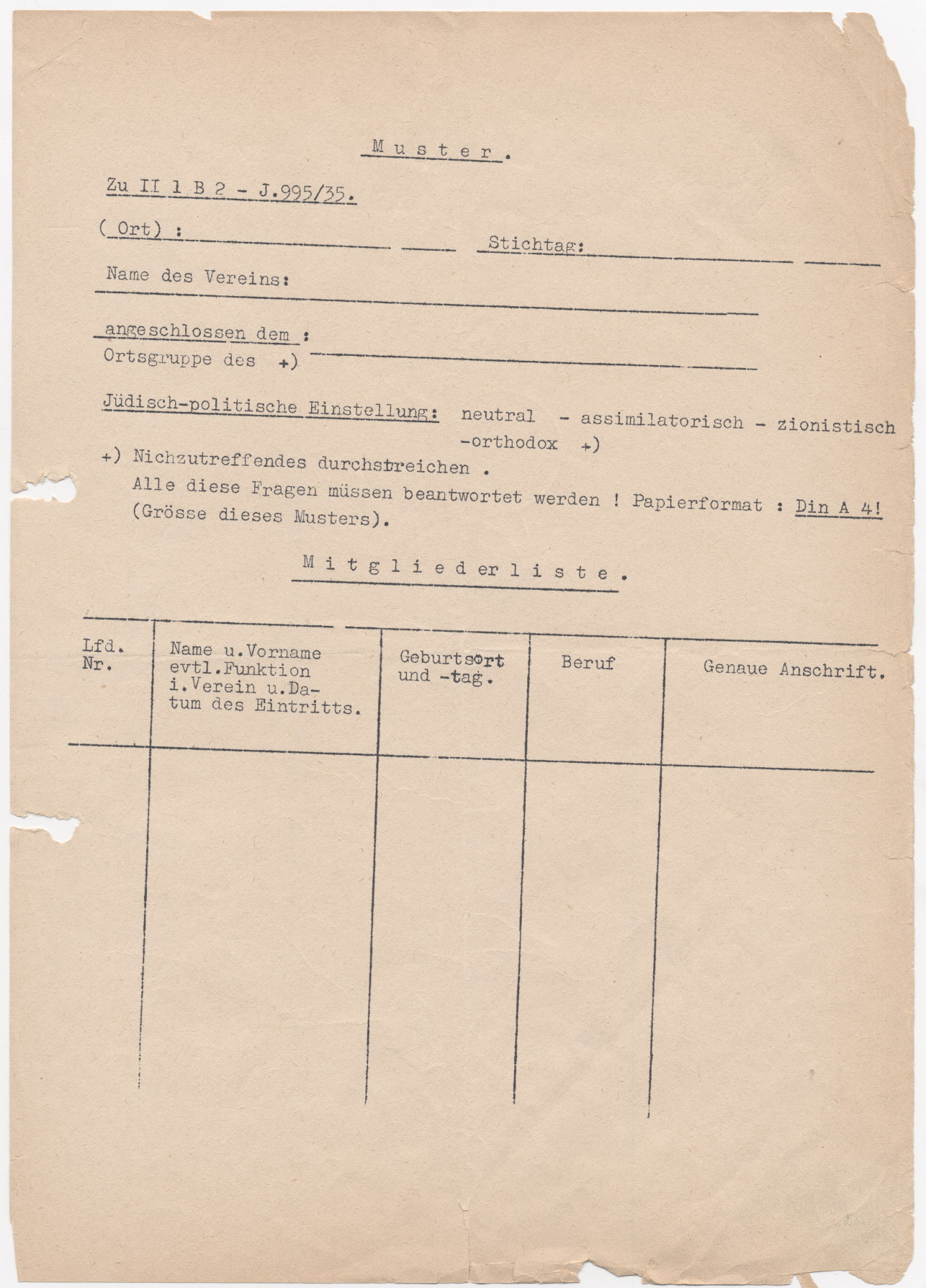 Schreiben der Kasseler Staatspolizei, bezüglich der Erstellung einer zentralen Judenkartei, Kassel 27.08.1935
