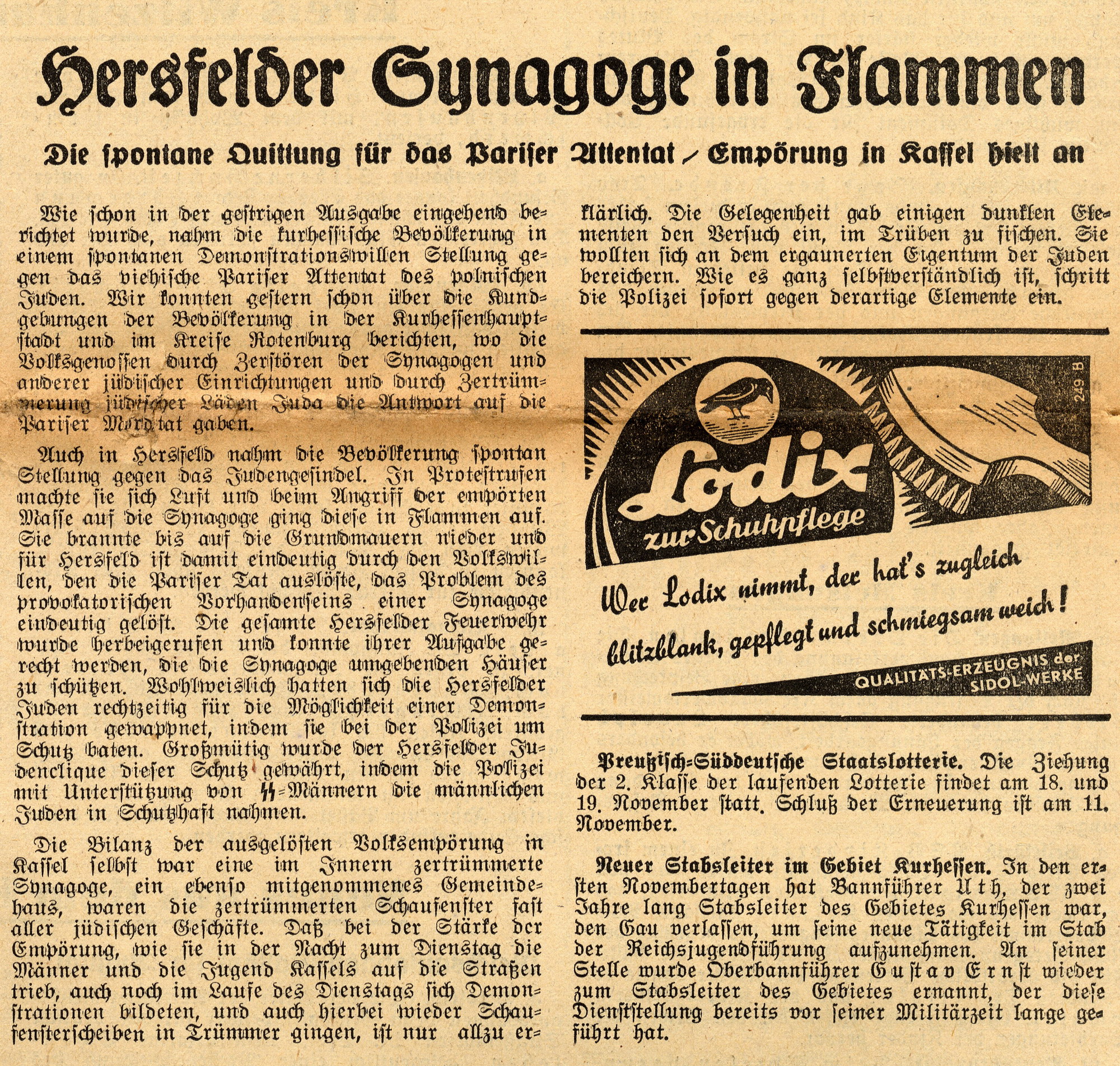Ausschnitt aus der Kurhessischen Landeszeitung zur Zerstörung der Synagoge in Hersfeld, 9. November 1938
