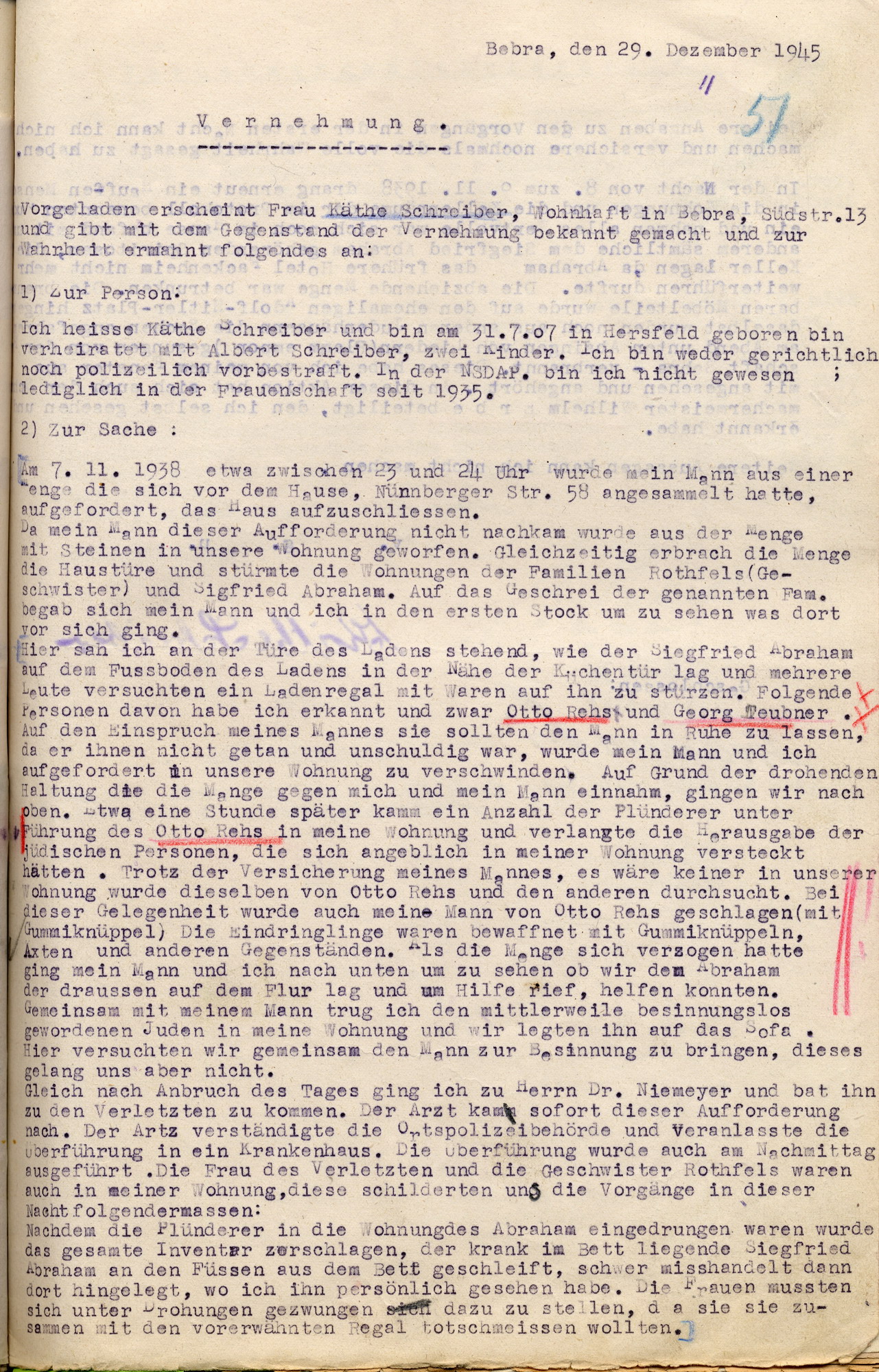 Vernehmungsniederschrift mit der Aussage von Käthe Schreiber im Ermittlungsverfahren wegen Landfriedensbruch am 7./8. November 1938 in Bebra, 29. Dezember 1945