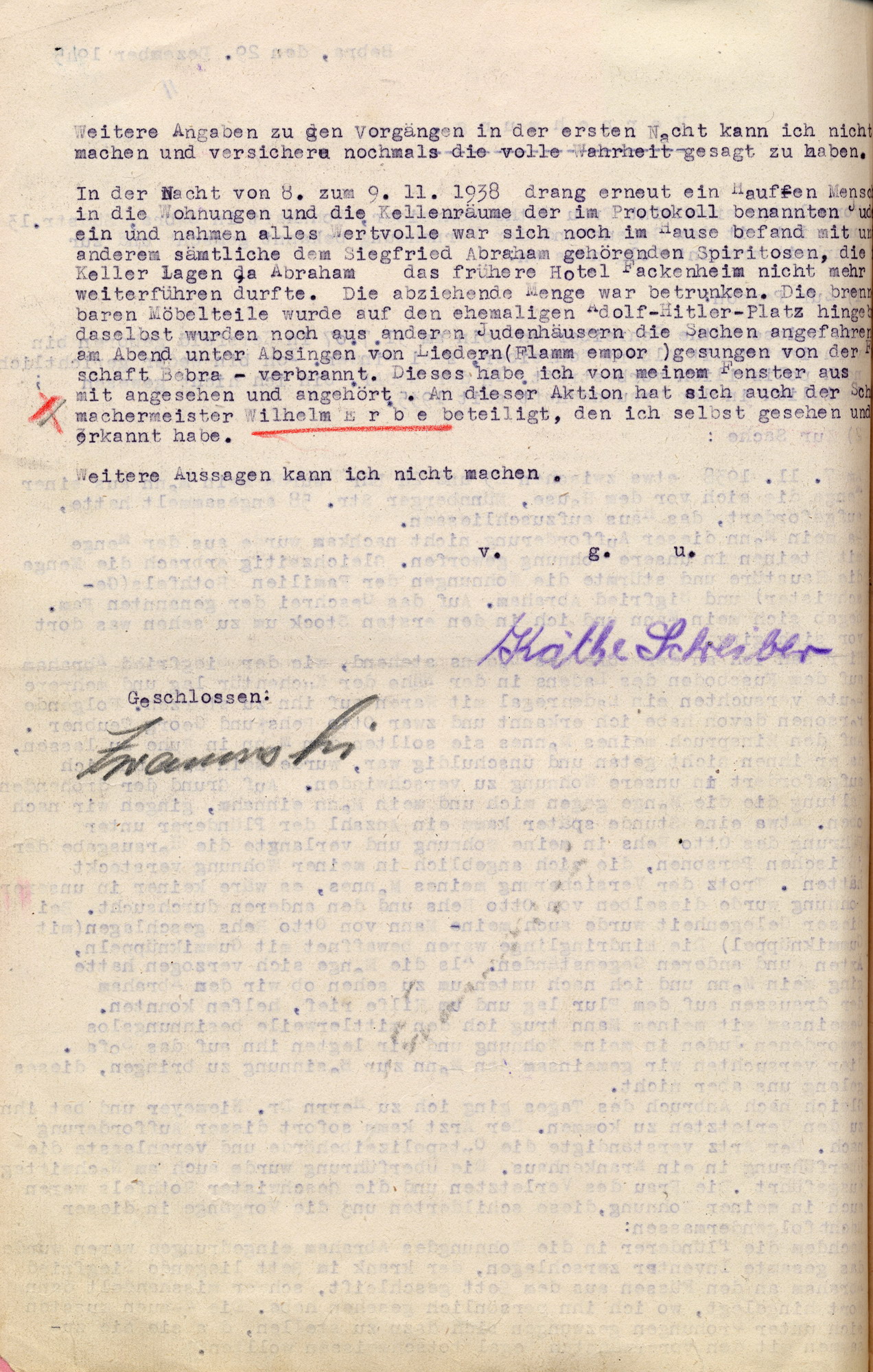 Vernehmungsniederschrift mit der Aussage von Käthe Schreiber im Ermittlungsverfahren wegen Landfriedensbruch am 7./8. November 1938 in Bebra, 29. Dezember 1945