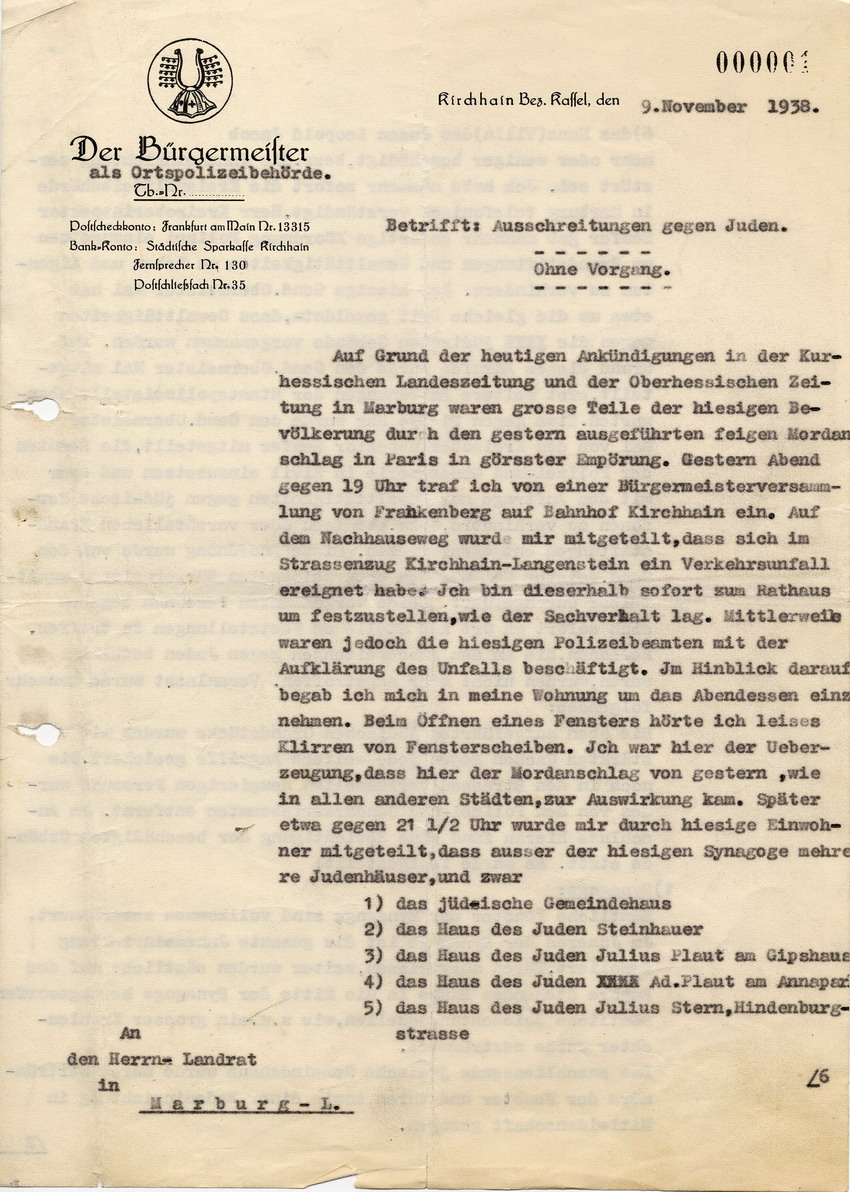 Der Bürgermeister in Kirchhain an den Landrat in Marburg, wegen der Ausschreitungen gegen Juden, 9. November 1938