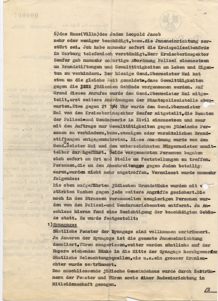 Der Bürgermeister in Kirchhain an den Landrat in Marburg, wegen der Ausschreitungen gegen Juden, 9. November 1938