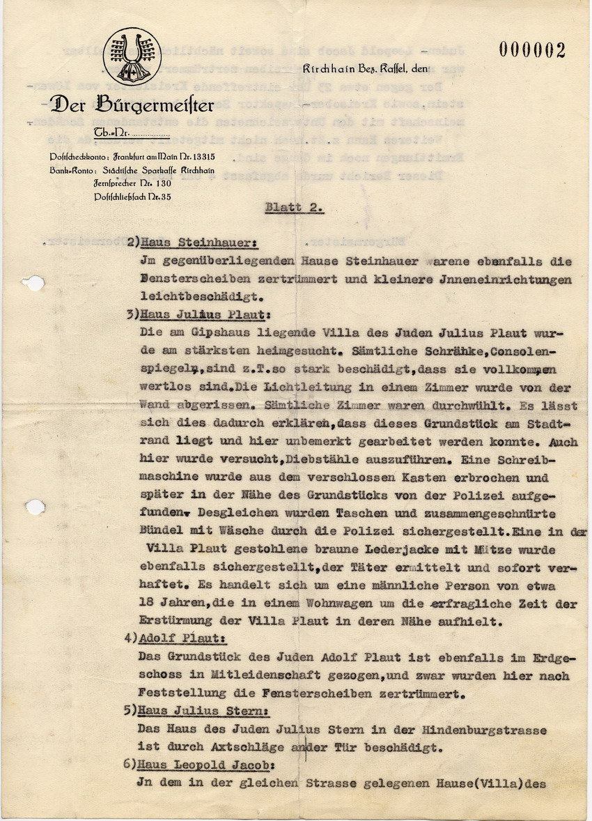 Der Bürgermeister in Kirchhain an den Landrat in Marburg, wegen der Ausschreitungen gegen Juden, 9. November 1938