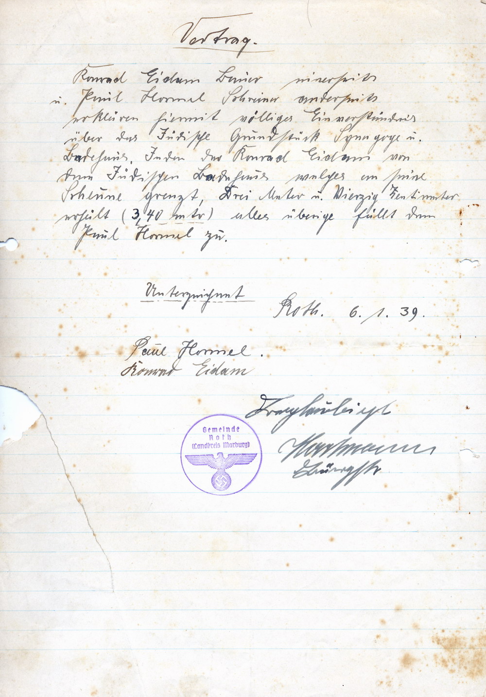Kaufvertrag zwischen Paul Hormel und Konrad Eidam betr. das jüdische Grundstück der Synagoge und Badehaus vom 6. Jan. sowie Kaufantrag an den Landrat  Marburg vom 10. Januar 1939