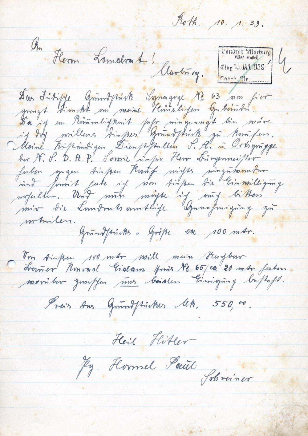 Kaufvertrag zwischen Paul Hormel und Konrad Eidam betr. das jüdische Grundstück der Synagoge und Badehaus vom 6. Jan. sowie Kaufantrag an den Landrat  Marburg vom 10. Januar 1939