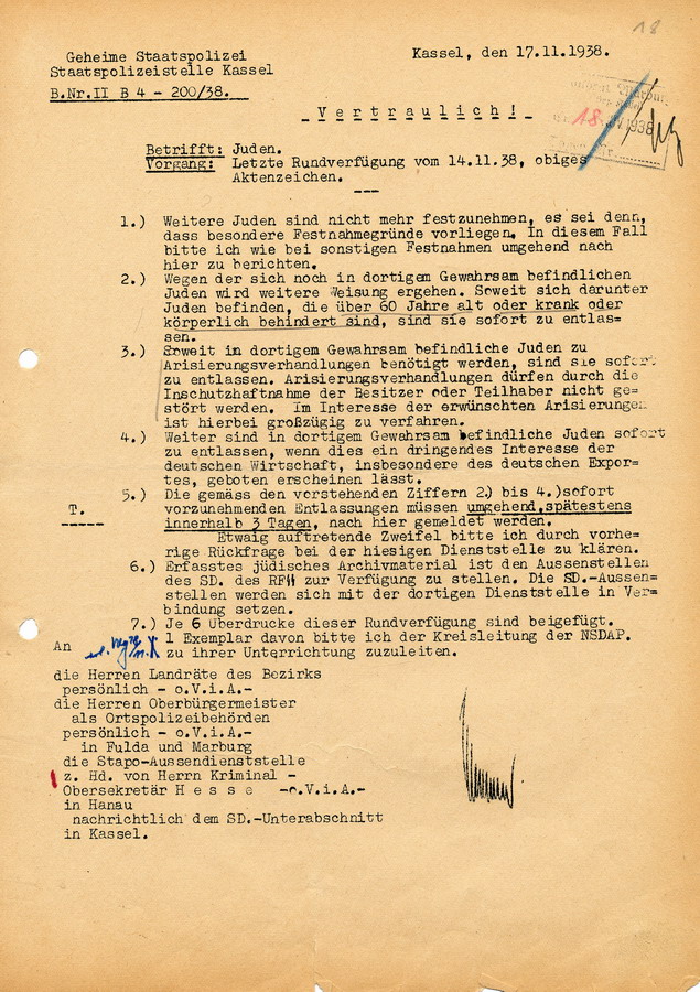 Schreiben der GeStaPo Kassel an Landräte, Oberbürgermeister und Polizei. Kriterienkatalog für eine Entlassung von Juden aus der "Schutzhaft", 17. November 1938
