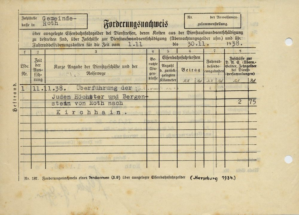 Rechnungen für die Überführung der Juden Höchster und Bergenstein mit dem PKW von Roth nach Kirchhain [Buchenwaldaktion] usw. am 11.11.1938, 15. November 1938