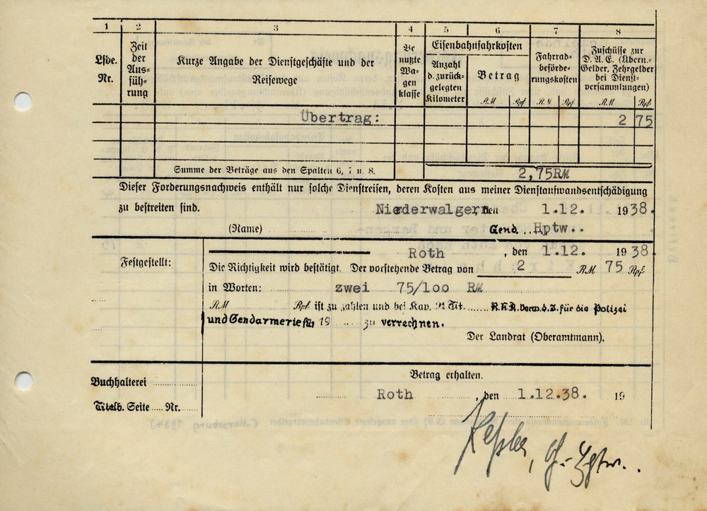 Rechnungen für die Überführung der Juden Höchster und Bergenstein mit dem PKW von Roth nach Kirchhain [Buchenwaldaktion] usw. am 11.11.1938, 15. November 1938