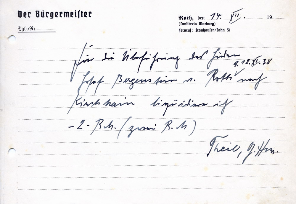 Rechnungen für die Überführung der Juden Höchster und Bergenstein mit dem PKW von Roth nach Kirchhain [Buchenwaldaktion] usw. am 11.11.1938, 15. November 1938