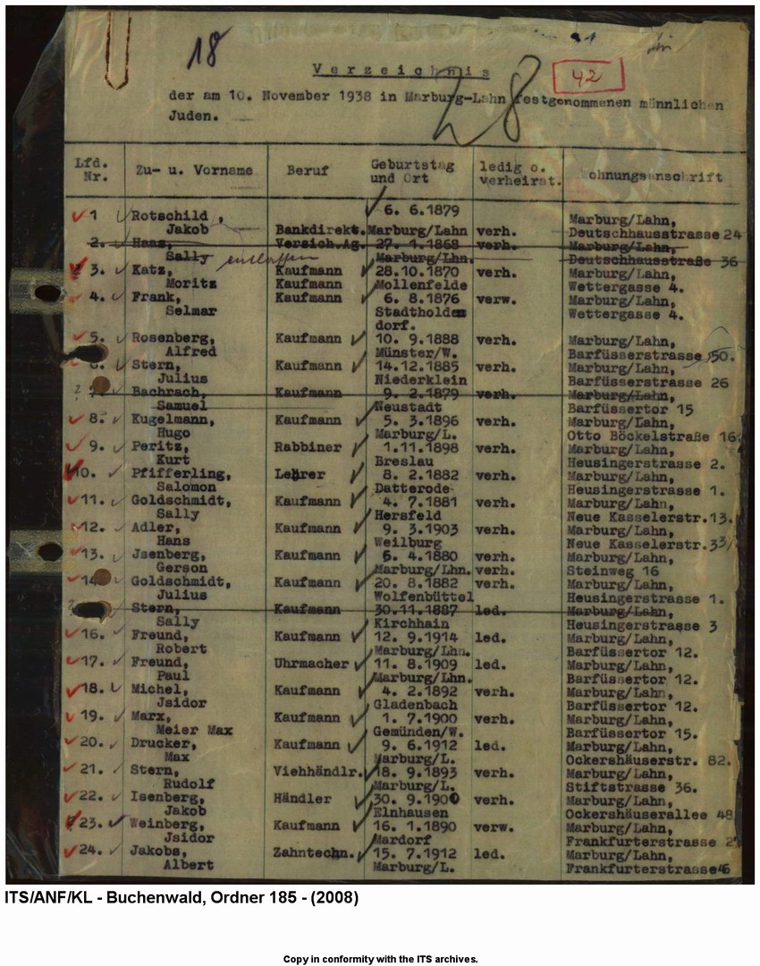 "Judenaktion vom 10.11.1938" - Verzeichnis der inhaftierten "Aktionsjuden" in der Stadt Marburg a.d. Lahn,  10. 11.1938