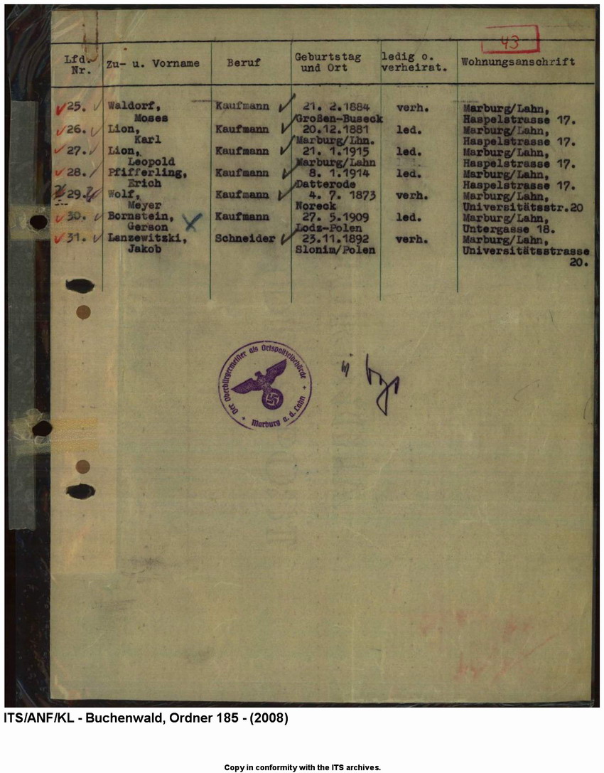 "Judenaktion vom 10.11.1938" - Verzeichnis der inhaftierten "Aktionsjuden" in der Stadt Marburg a.d. Lahn,  10. 11.1938