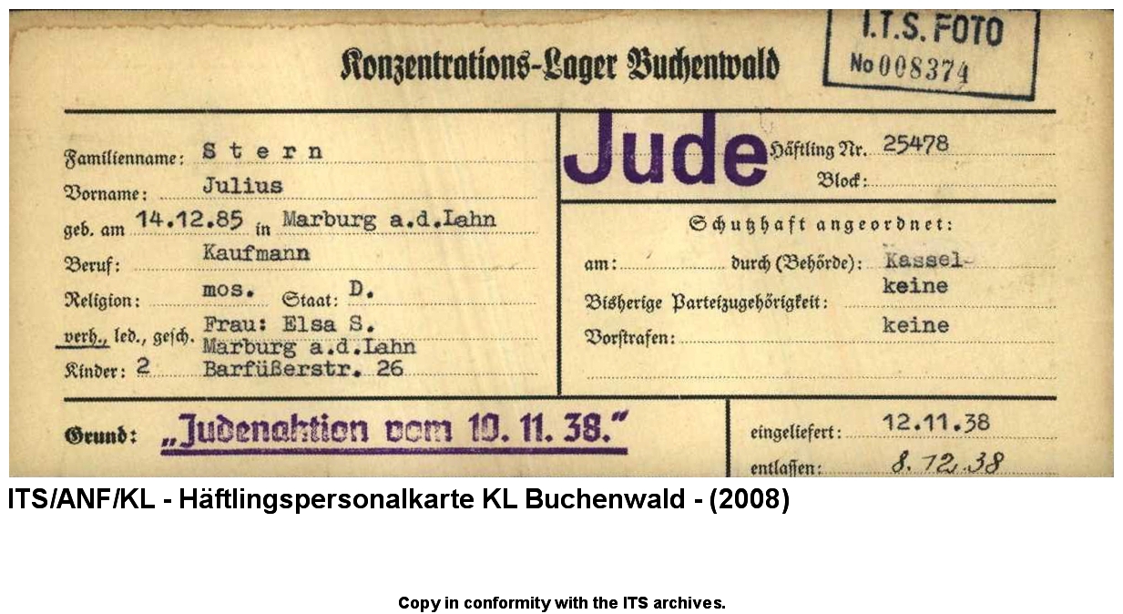 "Judenaktion vom 10.11.1938" Häftlingspersonalkarte von Julius Stern, Marburg, 12. November 1938