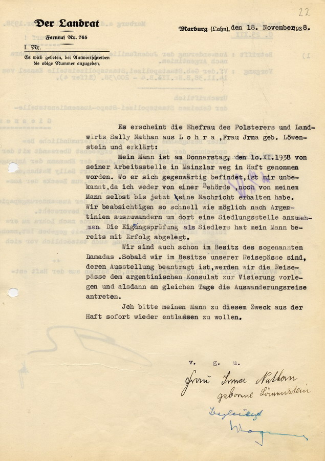 Protokoll eines Gesprächs zwischem dem Landrat in Marburg und der Ehefrau Irma Nathan. Entlassung ihres Mannes Sally Nathans aus der Haft aufgrund geplanter  Auswanderung, 18. November 1938