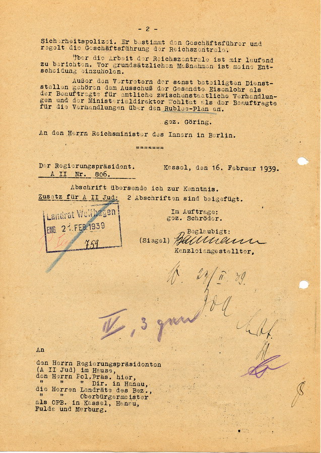 Schreiben Hermann Görings als Beauftragter für den Vierjahrsplan an den Reichsminister des Innern betr. die 
Einrichtung einer "Reichszentrale für die jüdische Auswanderung" unter der Leitung von Reinhard Heydrich,  24. Januar 1939