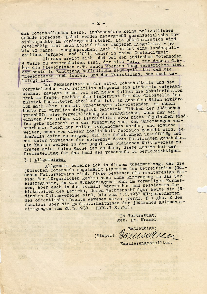 Schreiben des Regierungspräsidenten in Kassel u.a. an die Landräte und diverse Oberbürgermeister des Bezirks Kassels betreffend die Schließung und Säkularisation jüdischer Totenhöfe, 15. Juni 1940.