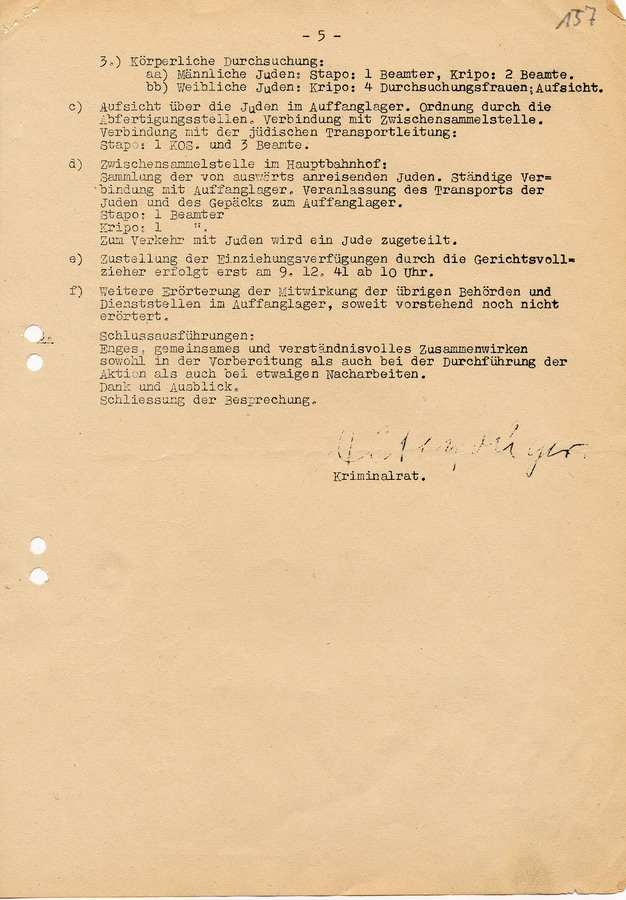 Geheimes Schreiben der GeStaPo Kassel an die Teilnehmer der Besprechung. Geplanter Ablauf der  Besprechung über die "Judenevakuierungen"  am 18.11.1941, 17. November 1941