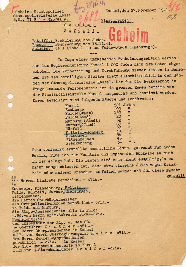 Geheimes Protokoll der GeStaPo Kassel an Teilnehmer der Besprechung vom 18.11.1941.  Agenda zur Durchführung der Deportation am 8. Dezember 1941, 27. November 1941