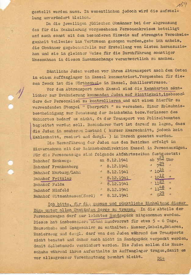 Geheimes Protokoll der GeStaPo Kassel an Teilnehmer der Besprechung vom 18.11.1941.  Agenda zur Durchführung der Deportation am 8. Dezember 1941, 27. November 1941