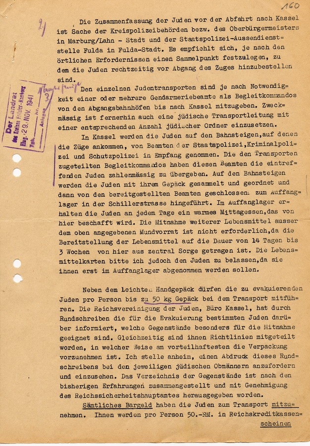 Geheimes Protokoll der GeStaPo Kassel an Teilnehmer der Besprechung vom 18.11.1941.  Agenda zur Durchführung der Deportation am 8. Dezember 1941, 27. November 1941